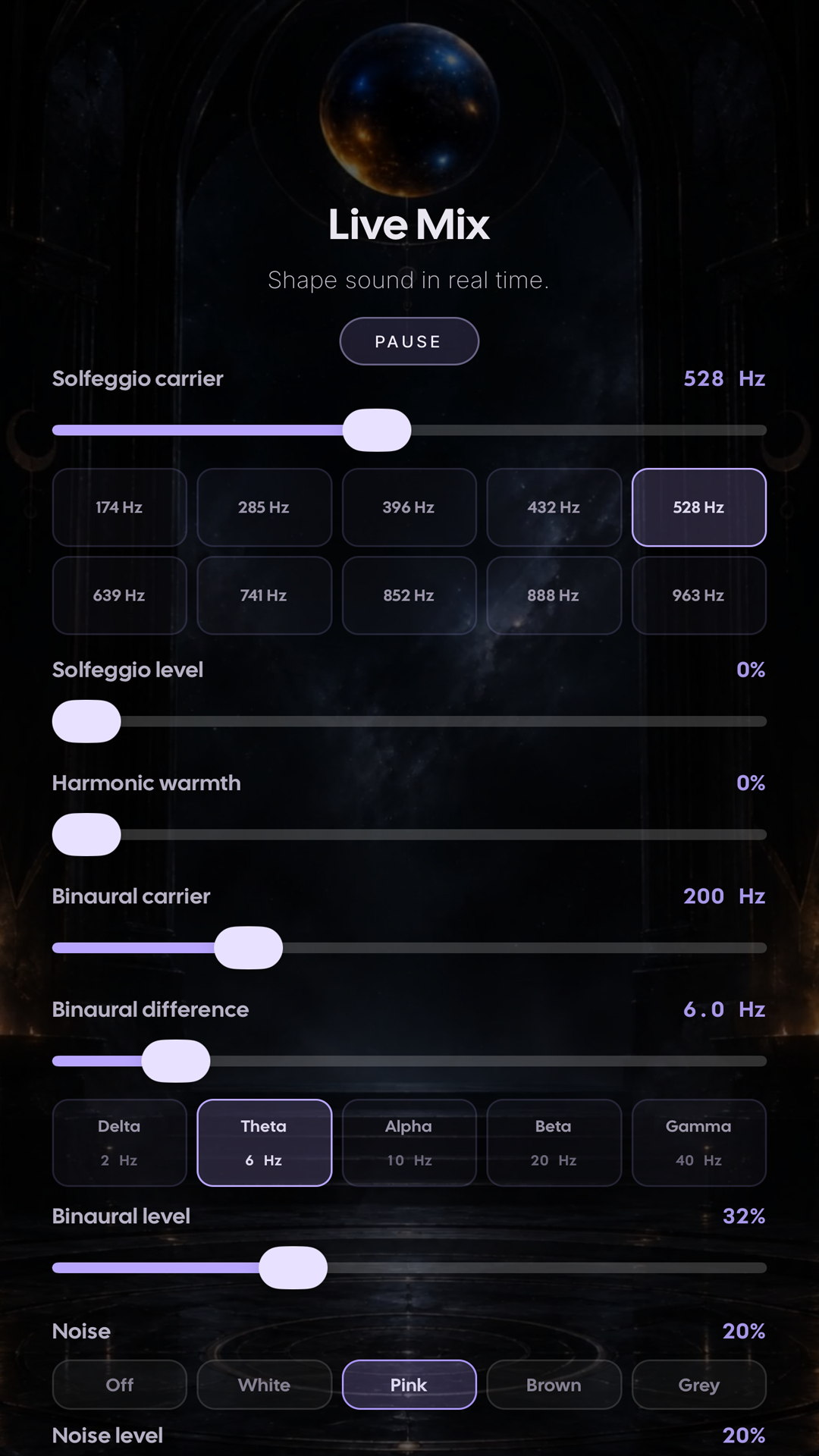 A glimpse of Inner's Live Mix controls: carrier tone, binaural difference, and noise color.