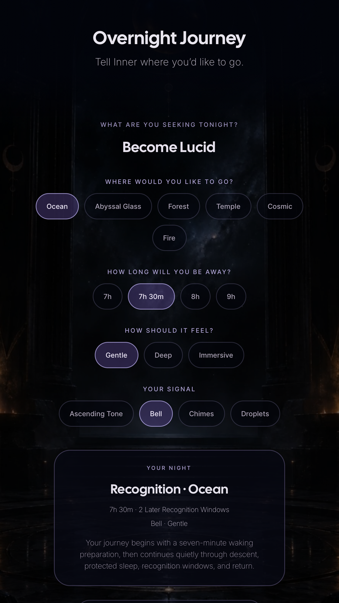 Inner's Overnight Journey setup screen: choosing what you're seeking, a sound environment, duration, feel, and signal.